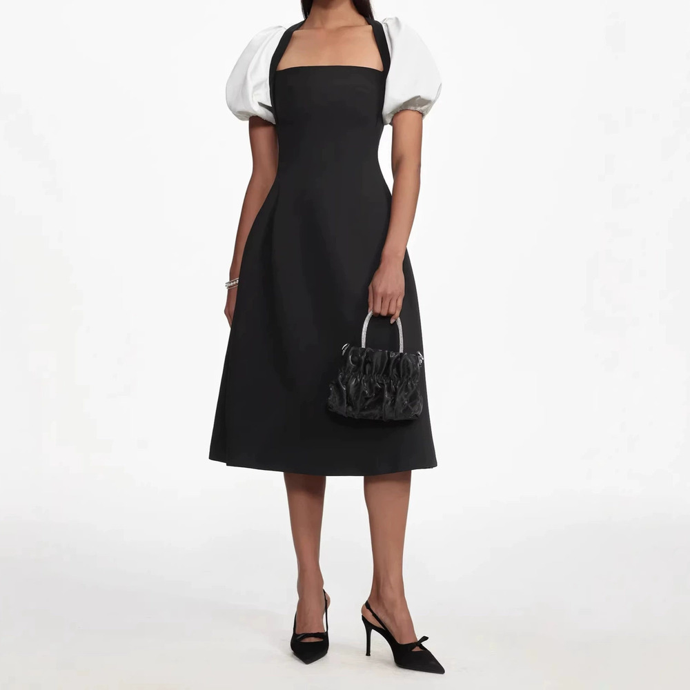 Forever 21 Summer Black White Contrast Puff Sleeve Fitted Waist Elegant Dress